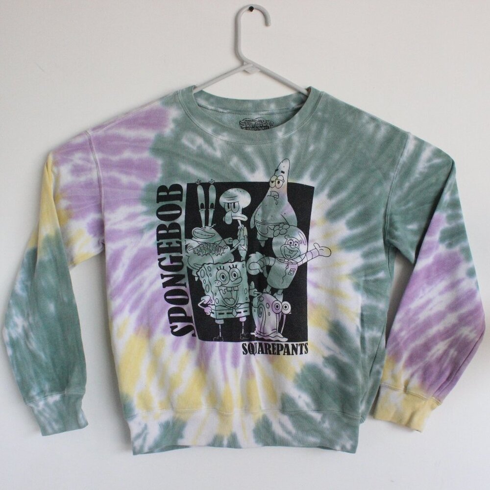 SpongeBob SquarePants Crew Neck Sweatshirt Tie Dye Green Purple Yellow Unisex M